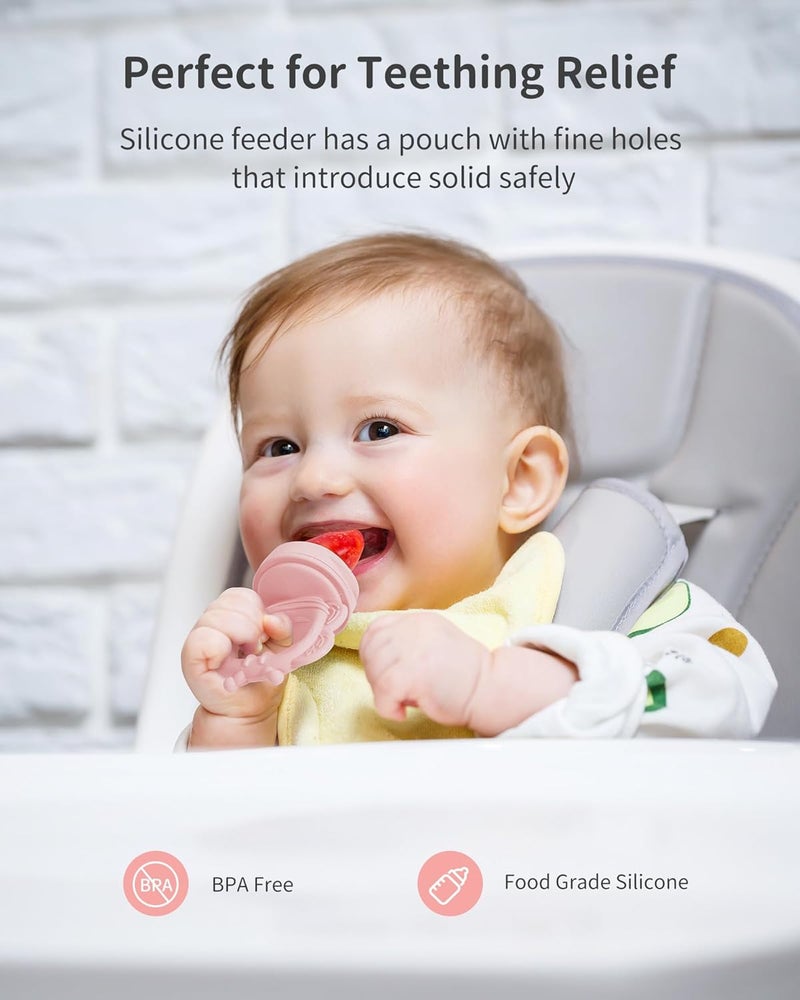 melican Silicone Baby Fruit Food Feeder (2 Pack) with Freezer Nibble Tray, Breastmilk Popsicle Molds for Baby Teething Relief, Feeder for Safe Infant Self Feeding, BPA Free, Dishwasher Safe, 3 Month+ Pink - Image 2